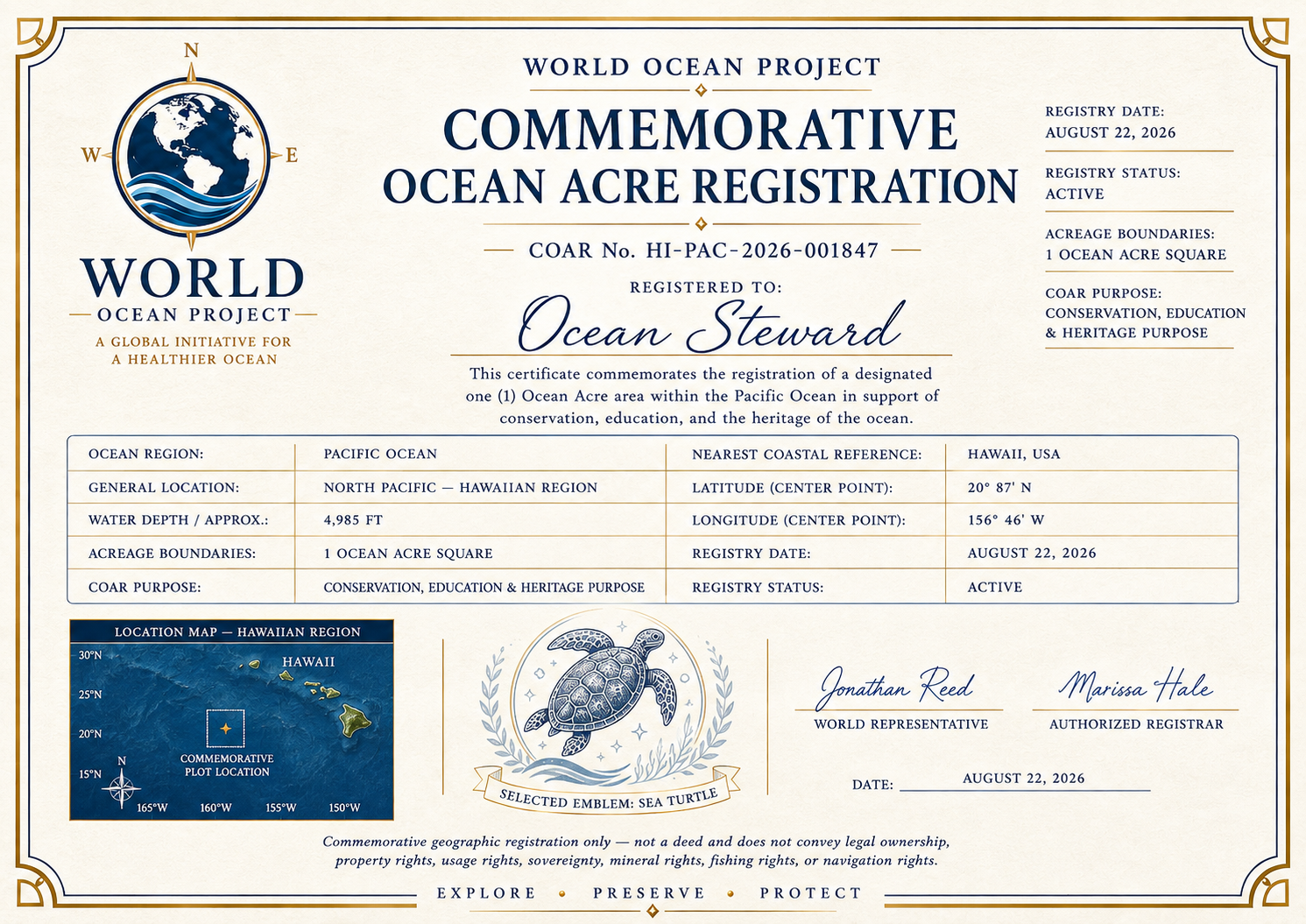 WORLD commemorative ocean acre registration certificate preview